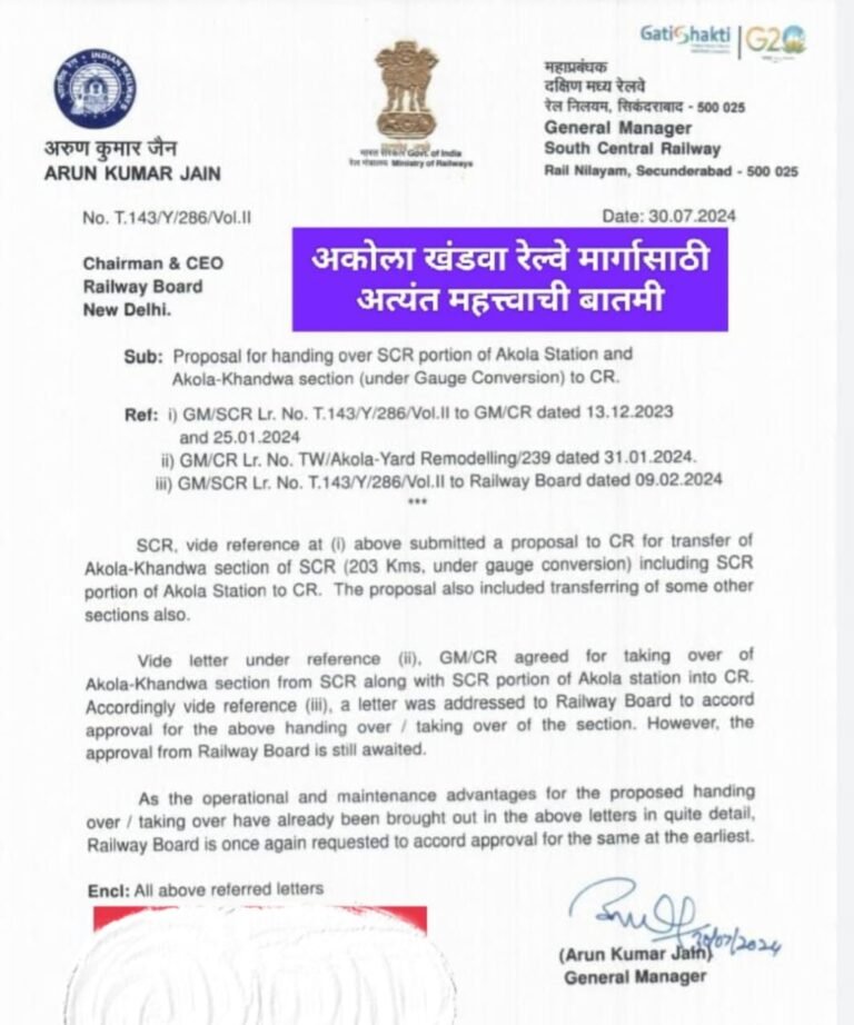 मोठी बातमी ! अकोला-खंडवा रेल्वे मार्ग ‘सेंट्रल रेल्वे’ ला हस्तांतरित होणार ! हालचालींना वेग
